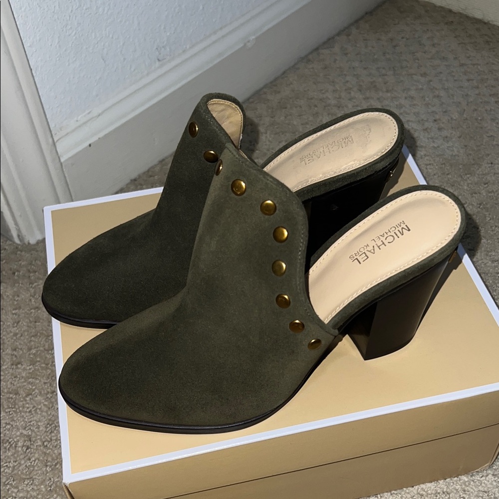Michael Kors Dark Olive Green Mules with Gold Accents (Brand New)